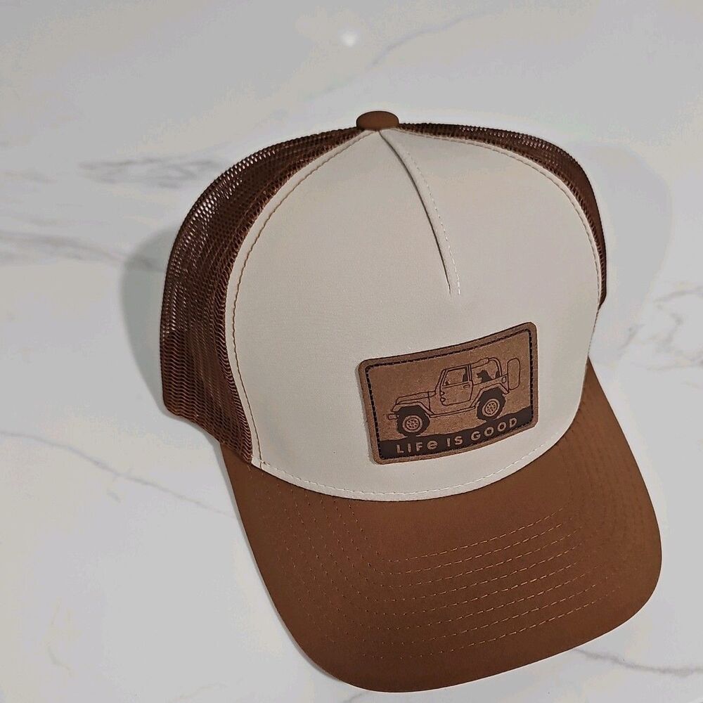 Life is Good Jeep Trucker Hat Brown Beige Solid Mesh Back Adjustable One Size